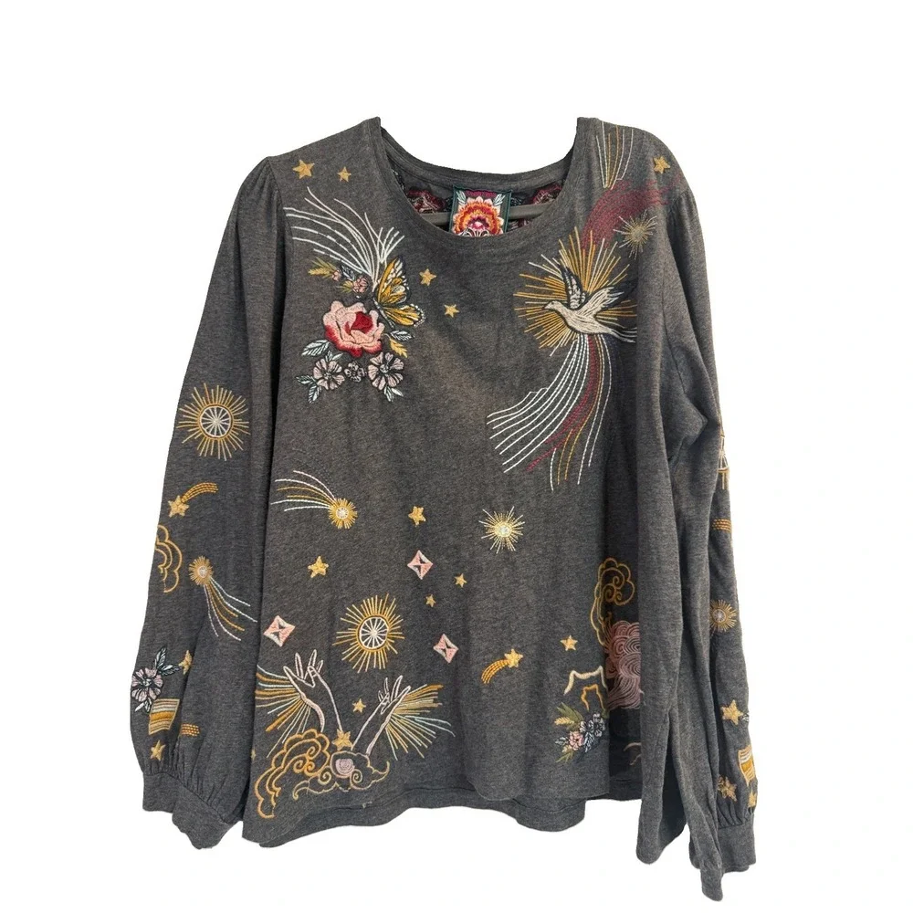 Johnny Was Selah Cuffed Puff Long Tee Gray Crew Floral Embroidery Shirt Large